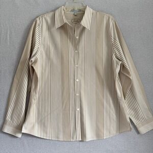 Foxcroft Shirt Womens 16 Beige‎ White Striped Button Down Non-Iron Shaped Fit